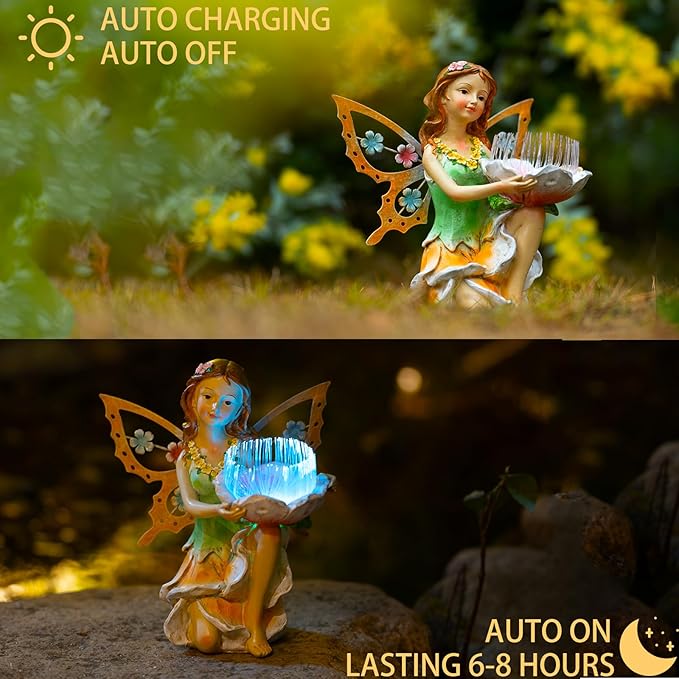 Garden Fairy Decor,Solar Outdoor Statues, Fairy Garden Accessories, Fairy Figurine for Outside Garden Gifts,Resin Ornaments for Patio Yard Lawn,Size6.5 x 5.12 x 9.45 inches