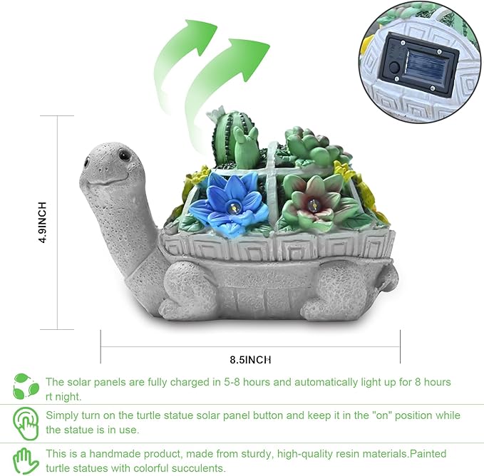Garden Decor Statue,Solar Turtle with Succulent & 6 LED Lights - Outdoor Figurine for Lawn Decoration, Gifts for mom,Handcrafted Resin Sculpture -Garden Lovers/Mothers Day/Christmas Day Gift