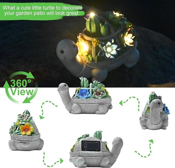 Garden Decor Statue,Solar Turtle with Succulent & 6 LED Lights - Outdoor Figurine for Lawn Decoration, Gifts for mom,Handcrafted Resin Sculpture -Garden Lovers/Mothers Day/Christmas Day Gift