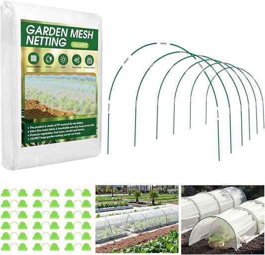 Garden Netting Kit for Raised Beds, 10x30FT Ultra Fine Mesh Netting& 6 Sets of 8FT Fiberglass Garden Hoops, Bird Barrier Protection Net Vegetable Plant Cover Fruit Flowers Row Cover