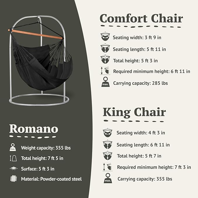 LA SIESTA® - Large Comfort Habana Cotton Hammock Chair & Romano Steel Stand - Indoor/Outdoor Hanging Chair Swing for Bedroom Porch Balcony - Boho Swing - Onyx