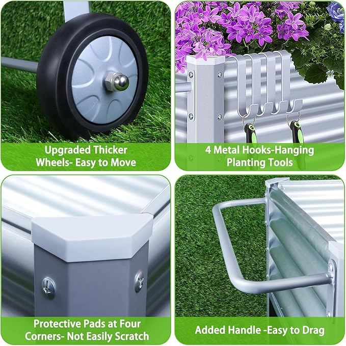 Galvanized Raised Garden Bed with Legs, Metal Raised Planter Box with Drainage Holes Outdoor Elevated Garden Bed on Wheels for Backyard, Patio, Balcony