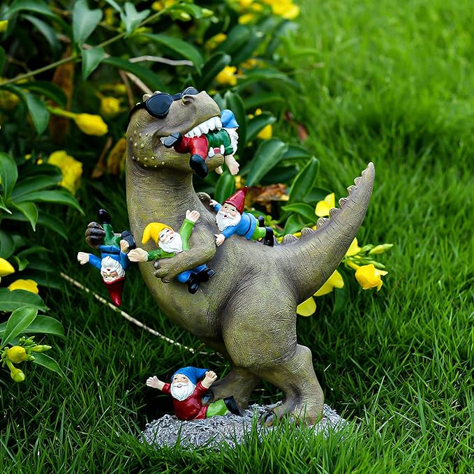 Garden Gnome Statues Garden Decor - Large Dinosaur Eating Gnomes Outdoor Decor for Patio,Lawn,Yard Decor - Uique Housewarming Gift