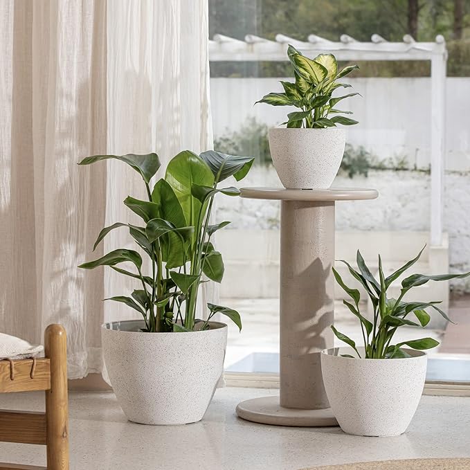 LA JOLIE MUSE 14.2/11.3/8.6 Inch Planters,Indoor/Outdoor White Planters Set of 3,Plant Container with Drain Holes,Flower Pots for Patio and Deck