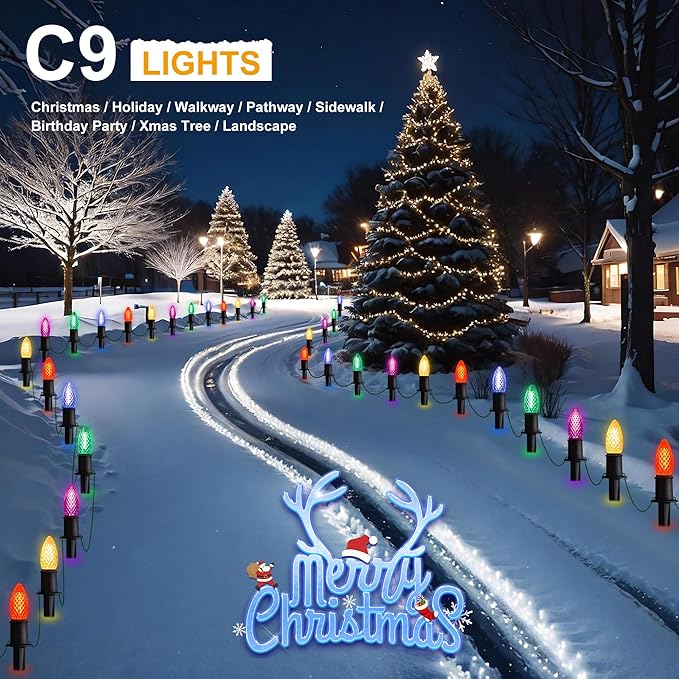 J-HVA ๐๐๐ฟ C9 Strawberry Christmas Pathway Lights - 29ft Christmas Multicolor String Lights Outdoor Waterproof Walkway Lights with 25 Marker Stakes for Xmas Tree Yard Garden Decoration (25 Lights)