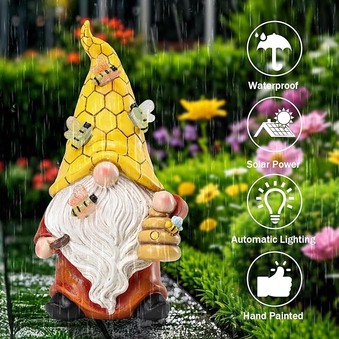Garden Gnome Statue with Bee Solar Lights, Resin Gnome Figurine for Outdoor Decor, Porch Patio Yard Decorations