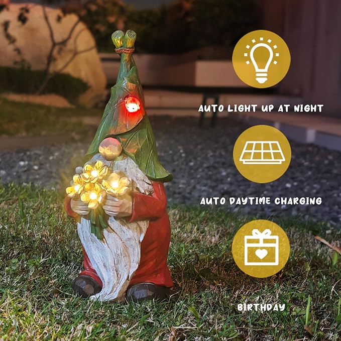 Garden Gnome Statue Outdoor Decor, Solar Garden Gnome Figurine Light, Resin Statues Sculpture for Patio Yard Lawn Outdoor Decorations