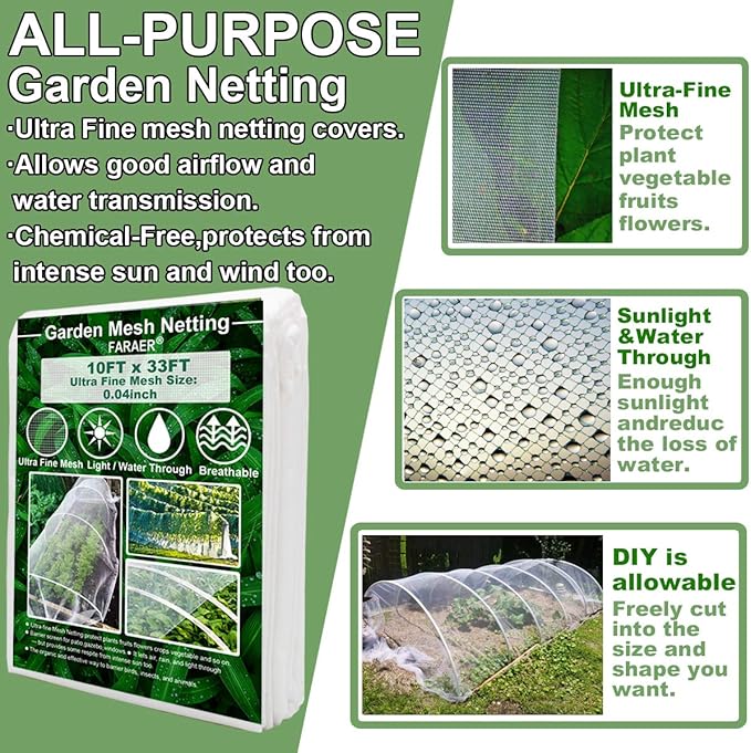 Garden Netting, Plant Covers 10x33Ft Net Ultra Fine Mesh Protection Netting for Vegetable Plants Fruits Flowers Crops Greenhouse Row Cover Raised Bed Barrier Screen Protection Net Cover