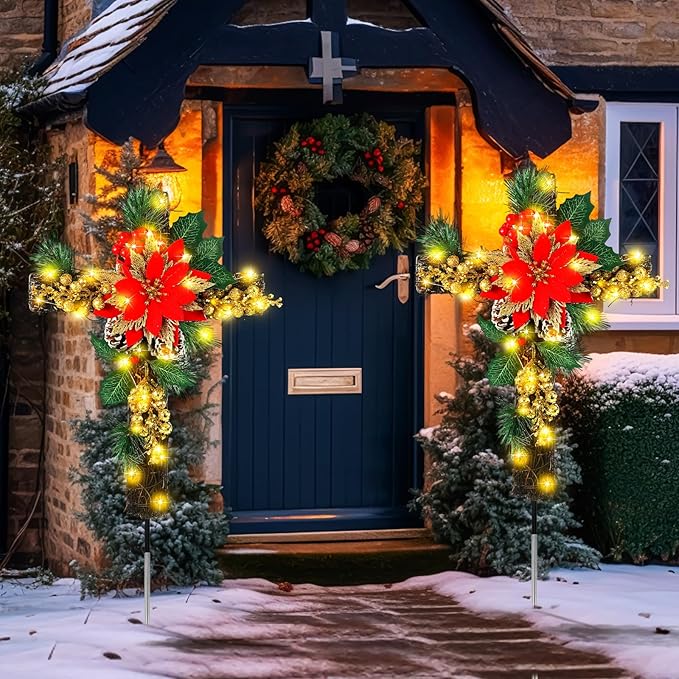 Ganeen 2 Pcs Solar Stake Christmas Outdoor Decorations Christmas Yard Stake Decor LED Lights Cemetery Grave Cross Poinsettia Decor for Holiday Garden Pathway Lights (Poinsettia)