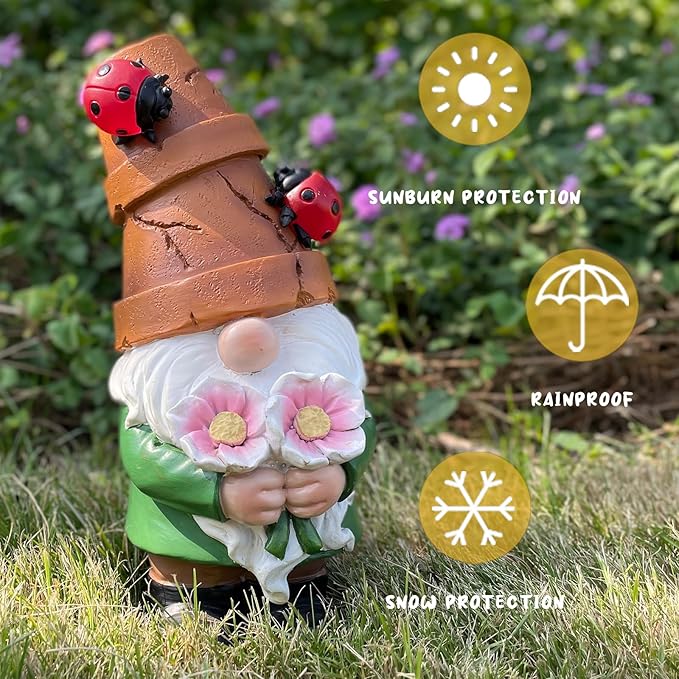 Garden Gnome Statues Outdoor Decor, Solar Gnomes with LED Lighted Flowers, Solar Resin Garden Outdoor Statue Sculpture, for Woman Gift Home and Garden Decor