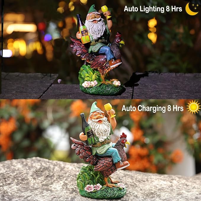 Garden Gnomes Statue Outdoor Decor,Funny Gnome Riding Rooster Sculptures Art Decor, Ideal Decoration for Yard Balcony Patio Lawn Home House - Birthday Gifts