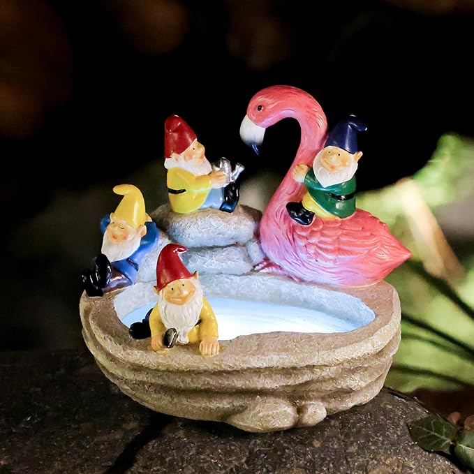 Garden Gnomes Statue Outdoor Gnome Decor Solar Gnome Statues Decoration for Lawn Yard Balcony Patio,Funny Gnome Riding Flamingo Figurine Mom Gift