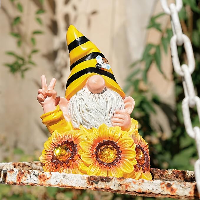 Garden Gnome Sculptures & Statues Resin Summer Bee Gnome with Sunflower, Outdoor Funny Gnome Decoration Solar Light Gnome Gifts for Yard, Patio Decor for Mom