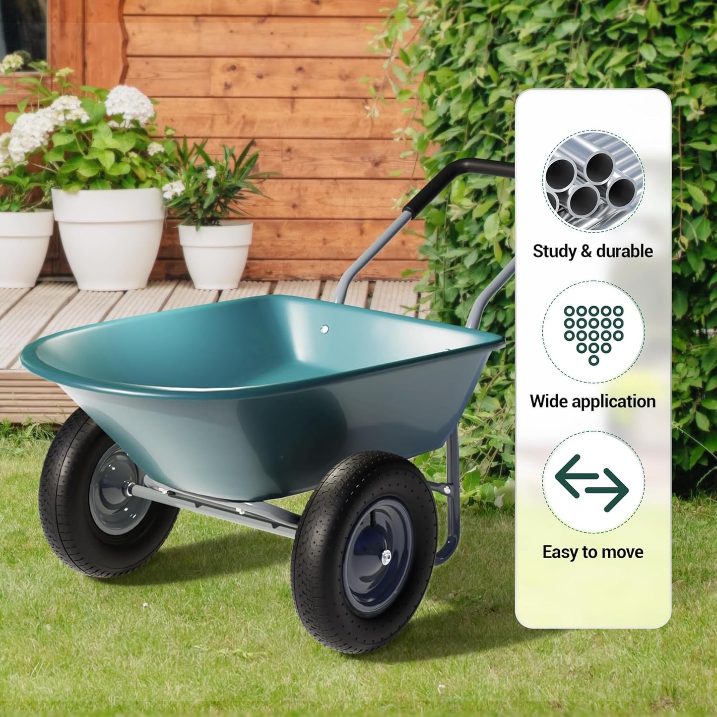 Idzo 2-Wheel Heavy-Duty Wheelbarrow Cart, 330 lb Capacity, Ergonomic Padded Handle and 14 Inch Pneumatic Tires for Maximum Stability, Ideal Wagon for Moving Soil, Shrubs, Plants, Easy Assembly