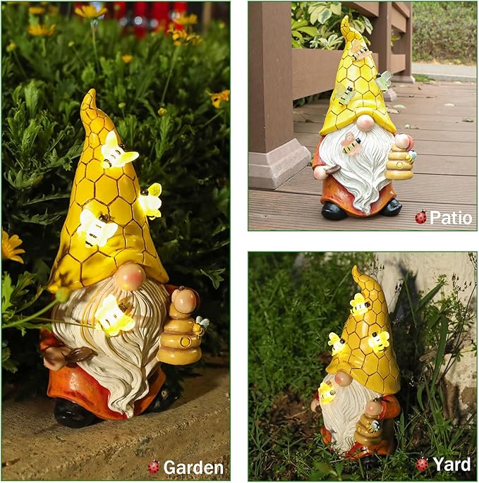 Garden Gnome Statue with Bee Solar Lights, Resin Gnome Figurine for Outdoor Decor, Porch Patio Yard Decorations