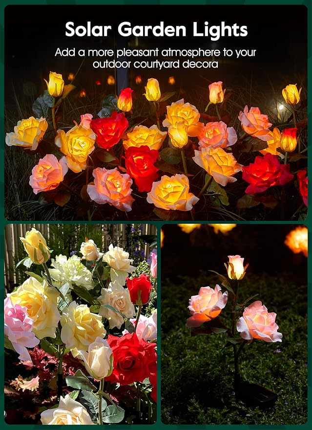 Garden 4 Pack LED Solar Flower Lights with Larger & More Realistic Rose Flowers, Bigger Solar Panel, Waterproof Solar Outdoor Lights for Yard Patio Lawn Pathway Walkway Decoration