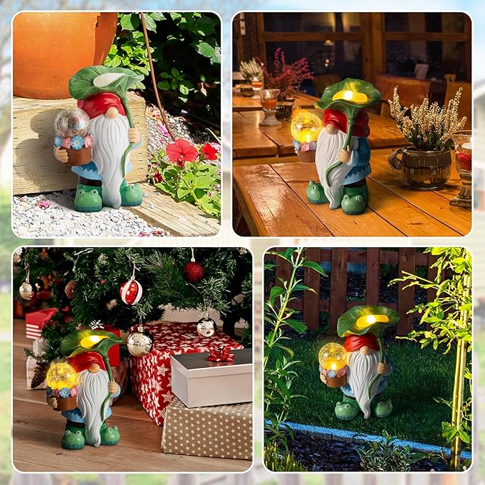 Garden Gnome Decor, Solar Gnomes Decorations Outdoor Gnome Statue Figurine with Solar LED Lights for Outside Lawn Patio Yard Gifts for Mom/Grandma/Birthday