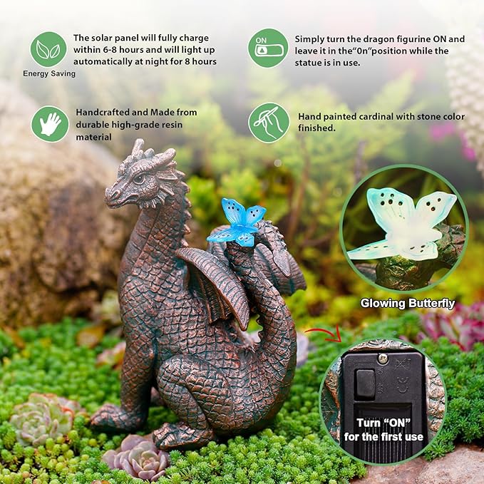Garden Decor Solar Dragon Statues: Outdoor Sculptures with Glowing Butterfly for Lawn Ornaments Yard Art Porch Patio Balcony - Gifts for Mom Grandma Women