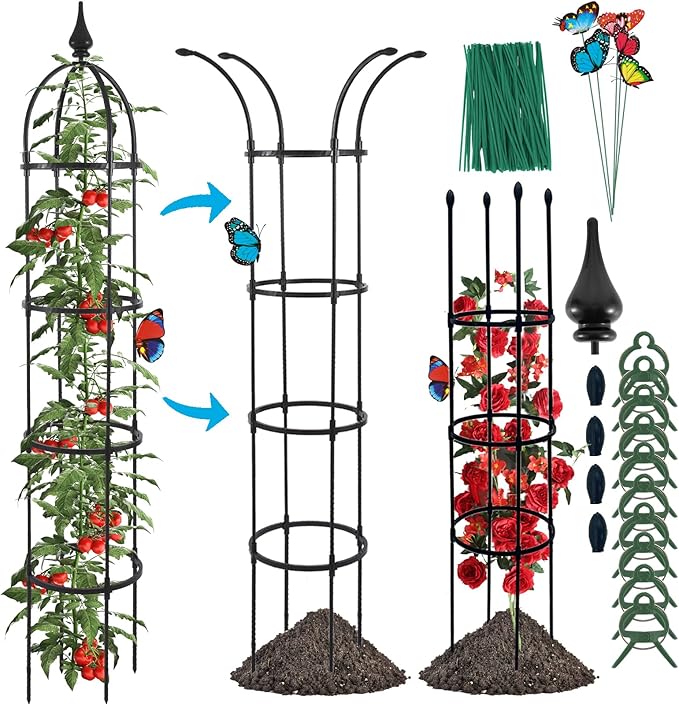 Garden Obelisk Trellis for Climbing Plants Outdoor, 6.6ft Tall Rustproof Coated Metal Plant Support with Garden Twist Tie (1 PK)