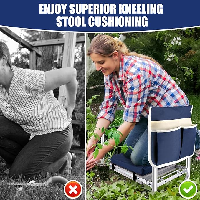 Garden Kneeler and Seat, Wider & Thicker Kneeling Pad Heavy Duty Foldable Garden Stool with Large Gardening Tool Pouch and Bag, Portable Garden Bench- Gardening Gifts for Women, Men, Seniors, Mom& Dad