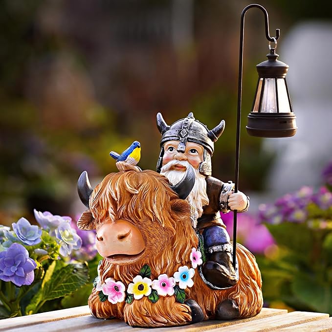 Garden Gnome Outdoor Statue 12 Inch Highland Cow Gnomes Decorations for Yard Patio Lawn Porch Birthday Gifts for Women Men, Mother’s Day, Housewarming with Solar Light Funny Decor for Outside