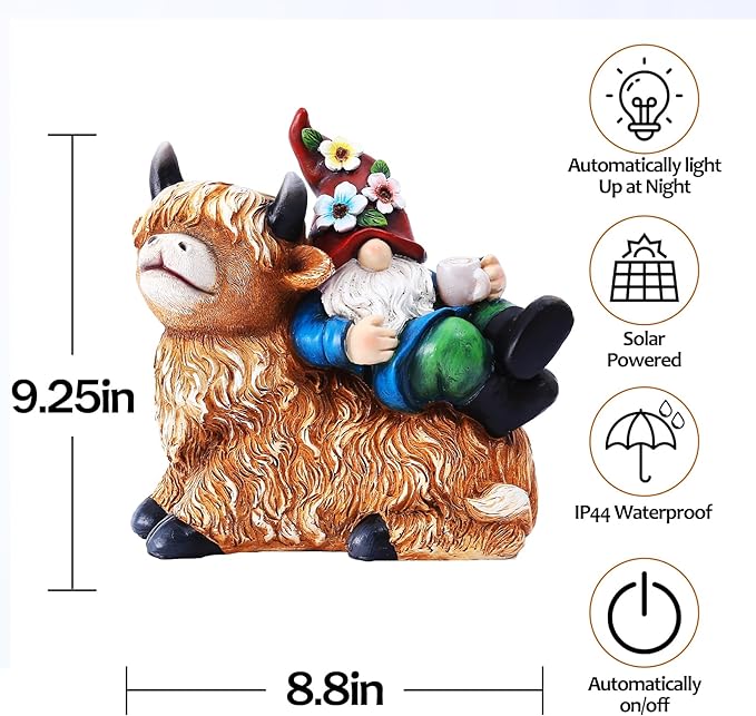 Garden Gnomes Decor Outdoor Statues Gnome on Highland Cow Hold Solar Cup Light Outdoor Decorations for Patio,Yard and Gift for Mom
