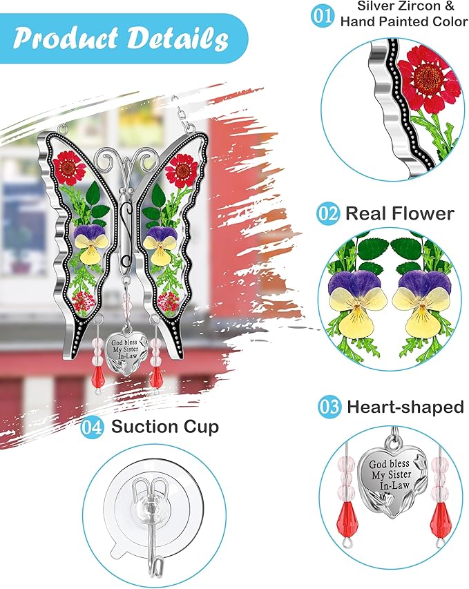 KY&BOSAM Gifts for Women God Bless My Sister in-Law Butterfly Suncatcher Sister Gifts Pressed Flower Between Wings Glass Silver Metal Charm Birthday Mother's Day Thanksgiving Christmas