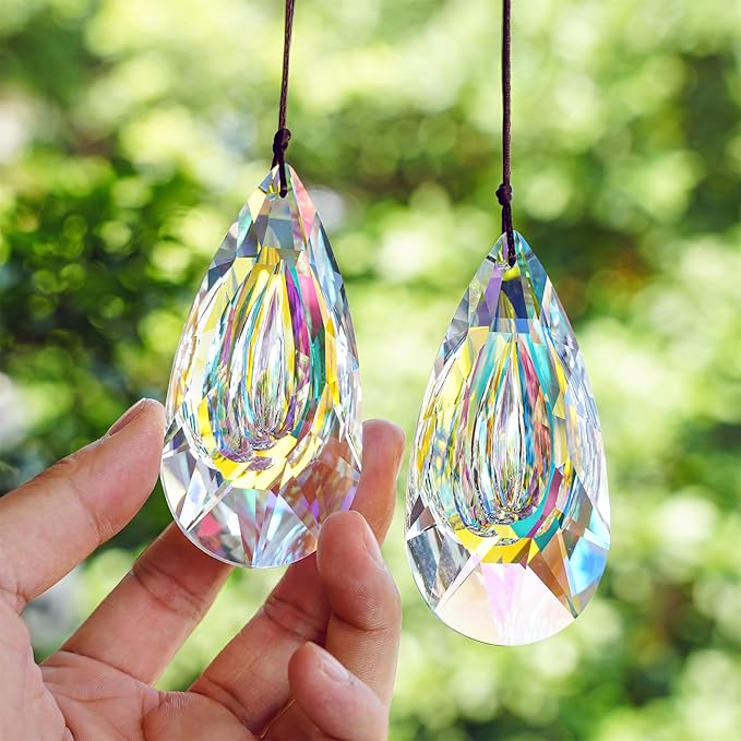 HDCRYSTALGIFTS Set 2,89mm/3.5in Crystals Prisms Suncatcher for Window Hanging Indoor Chandelier Parts Rainbow Maker for Home Garden Decor (AB Colored)