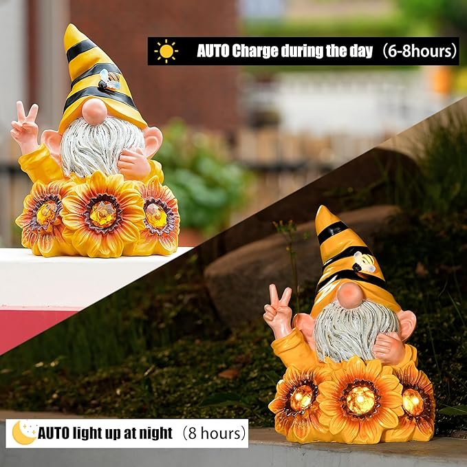 Garden Gnome Sculptures & Statues Resin Summer Bee Gnome with Sunflower, Outdoor Funny Gnome Decoration Solar Light Gnome Gifts for Yard, Patio Decor for Mom