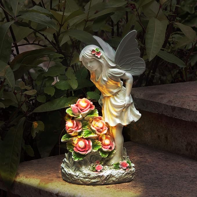 Garden Figurines Angel Garden Statue Outdoor Decor, Solar Powered Resin Sculpture with 5 LEDs Art Decoration for Patio Lawn Yard Porch, Ornament Housewarming Garden Gift, 12.8 x 7.5 x 6.1 Inch