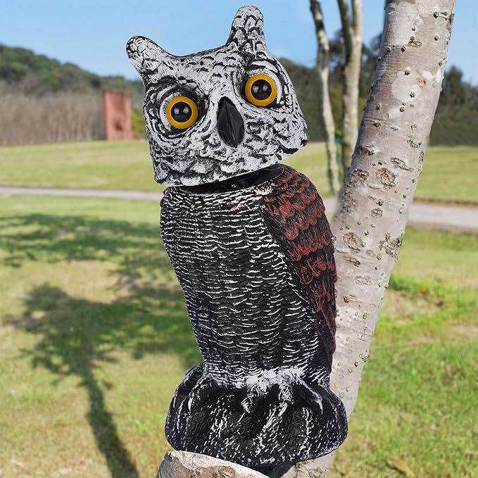 Hausse 3 Pack Bird Scarecrow Fake Horned Owl Decoy, Rotating Head Plastic Owl Bird Deterrents, Nature Enemy Horned Pest Repellent for Outdoor Garden