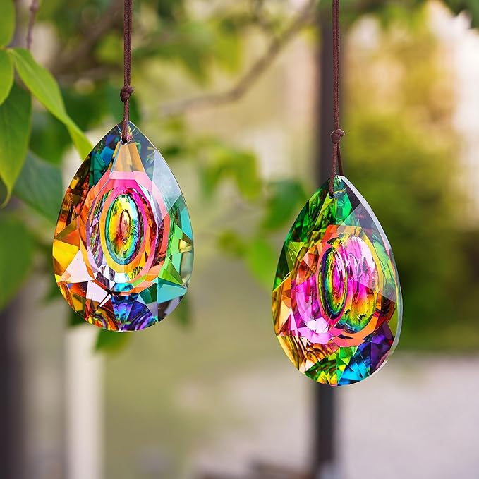 HDCRYSTALGIFTS 2PCS 76mm Crystal Prisms Suncatchers Hanging Ornament for Window, Chandelier Lamp Drops Pendant Rainbow Maker Home Garden Decoration (Single Face Colorful)