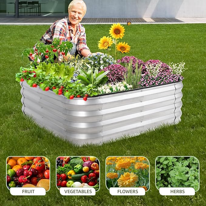 3-in-1 Modular Raised Garden Bed Kit - Adjustable Sizes (4x2x1ft, 3x3x1ft, 5x1x1ft) - Heavy Duty Galvanized Steel Planter Box with Bracing Rods & Gloves for Vegetables, Fruits, Flowers