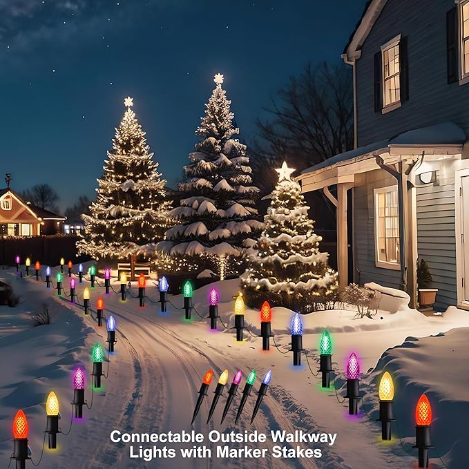 J-HVA ๐๐๐ฟ C9 Strawberry Christmas Pathway Lights - 29ft Christmas Multicolor String Lights Outdoor Waterproof Walkway Lights with 25 Marker Stakes for Xmas Tree Yard Garden Decoration (25 Lights)