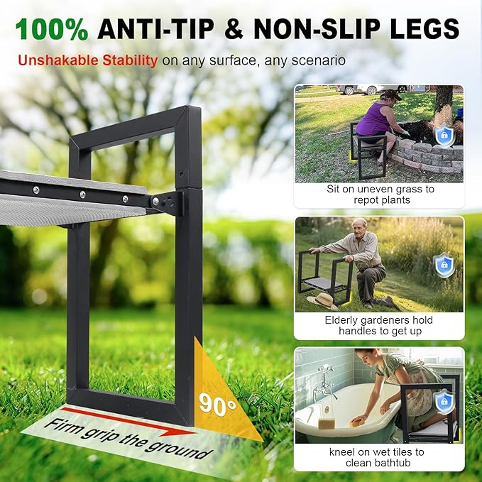 Garden Kneeler and Seat Heavy Duty - Anti-Tip Super Stable Multifunctional Gardening Stool Bench,Wide 12.7" Pads,Foldable Ergonomic Handles for Seniors Women Men Pain-Free Weeding,Planting Yard Work