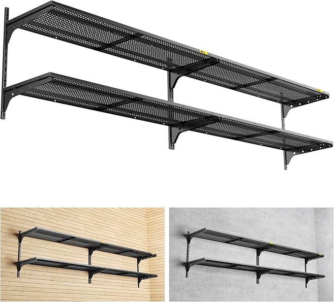 2-Pack 2 Tier 1.3x4ft Garage Shelving Wall Mounted, 800 lbs Load Capacity,15.6x48inch per Shelf Height Cassette Adjustable Floating Shelves(Black)