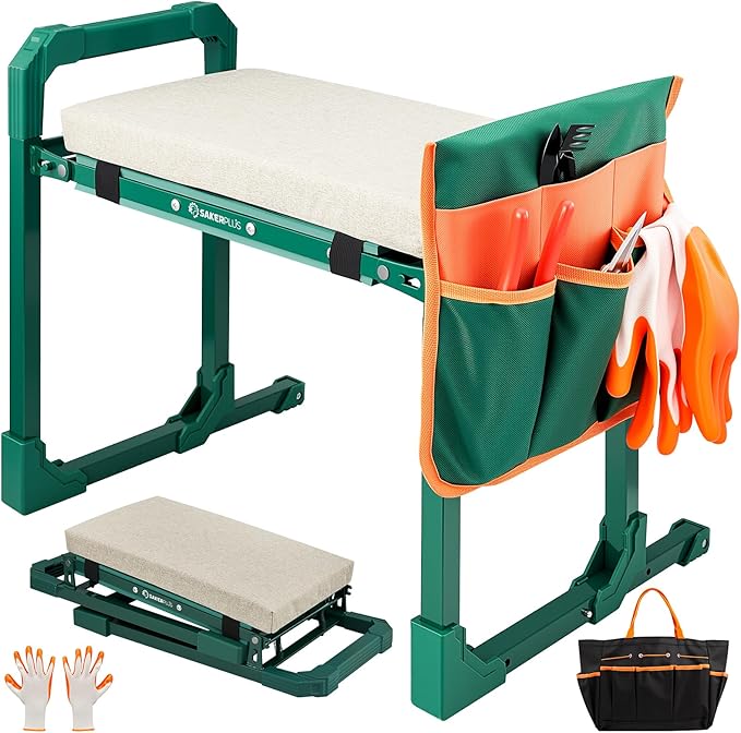 Garden Kneeler and Seat Foldable Kneeling Chair with Extendable Legs & Thickened Pad,Heavy Duty Foldable Gardener Stool with Tool/Storage Bags for Grandparents Gardeners