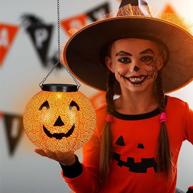 Halloween Solar Lantern Hanging Pumpkin Lights Outdoor Decoration - Solar Powered Lantern Lights Waterproof LED Decorative Lights for Porch Backyard Garden Tree Indoor Orange Halloween Lights Decor