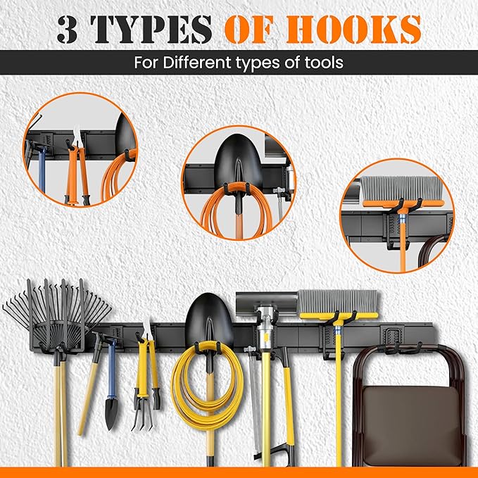 Garage Storage, Garage Organization, Garage Tool Organizer Wall Mount, Garden Tool Organization and Storage 48.1 Inches, Max 450lbs Adjustable Metal Hooks, Hangers Garden Yard Tool Rack,