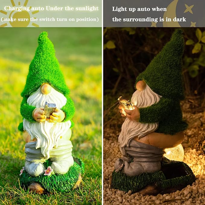 Garden Gnome Statues - Resin Gnome Figurine Sitting on Solar Crackle Glass Globe Lights, Funny Garden Gnome Ornament for Patio Yard Lawn Porch Outdoor Decor