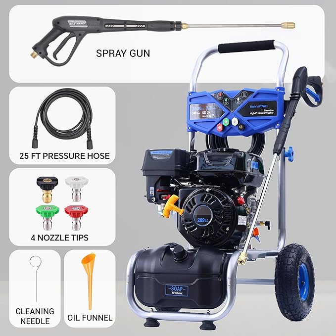 3500 PSI Gas Pressure Washer, 2.3 GPM Power Washer with 209CC Engine, Maintenance-Free Axial Cam Pump, 25FT Hose, 4 Nozzles for Driveways, Walls, Vehicles, Patio (Blue)