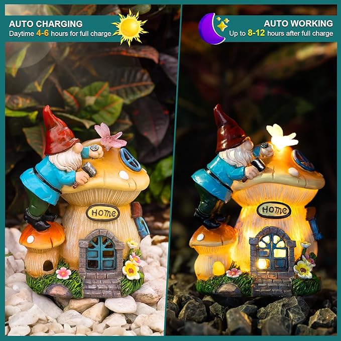Garden Gnome Statues Figurine Lights - Solar Powered Lighting Outdoor Decorations, Gnome Build Mushroom House, Yard Art Lawn Ornaments for Porch Patio Balcony - Gnome Gifts for Women Mom