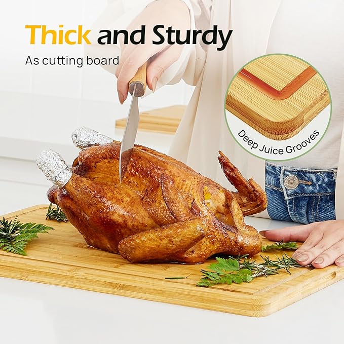 Kitchen Essentials Natural Bamboo Cutting Board XL With Durable, Knife-Friendly Surface & Deep Juice Groove โ Perfect For BBQ(Pre Oiled, Natural)