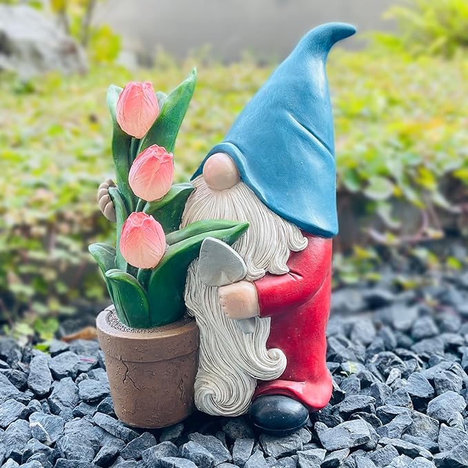 Garden Gnome Statue, Sculpture of a Dwarf Holding a Shovel and a Flower Pot, Solar Gnome Statues Outdoor Decor, Outside Lawn Patio Yard Ornament Gifts