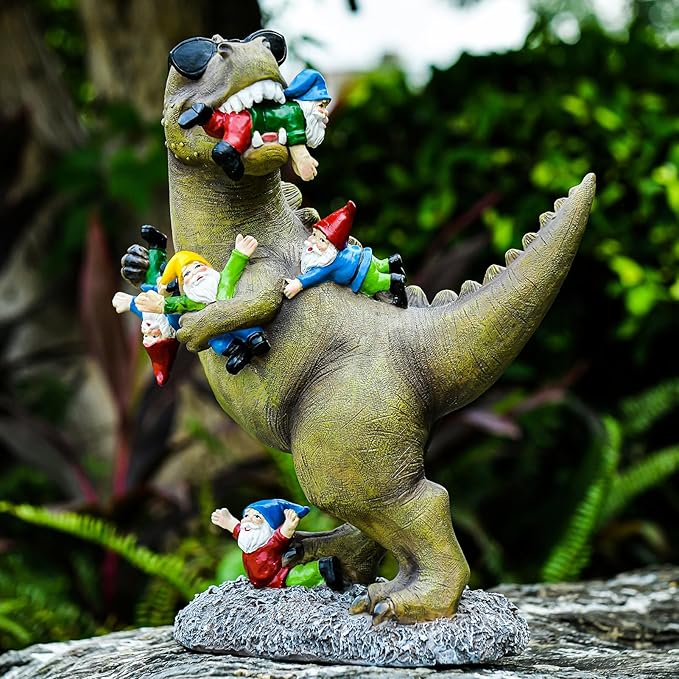 Garden Gnome Statues Garden Decor - Large Dinosaur Eating Gnomes Outdoor Decor for Patio,Lawn,Yard Decor - Uique Housewarming Gift