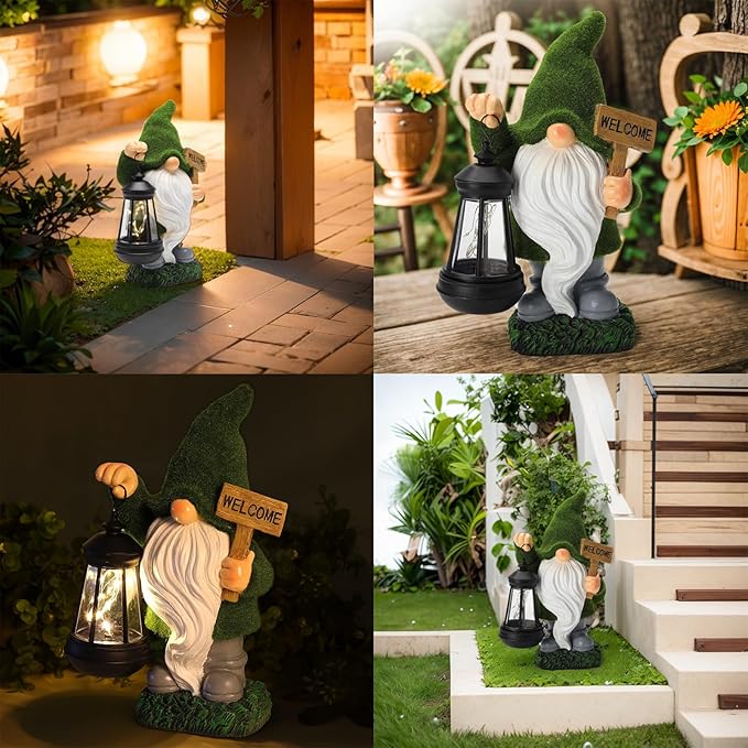 Garden Gnome Statue Solar Light Outdoor Decorations Figurine Welcome Sign with Lantern Sculpture Garden Decor Lawn Patio Yard Porch Outside Housewarming Gifts for Women Mother's Day Grandma