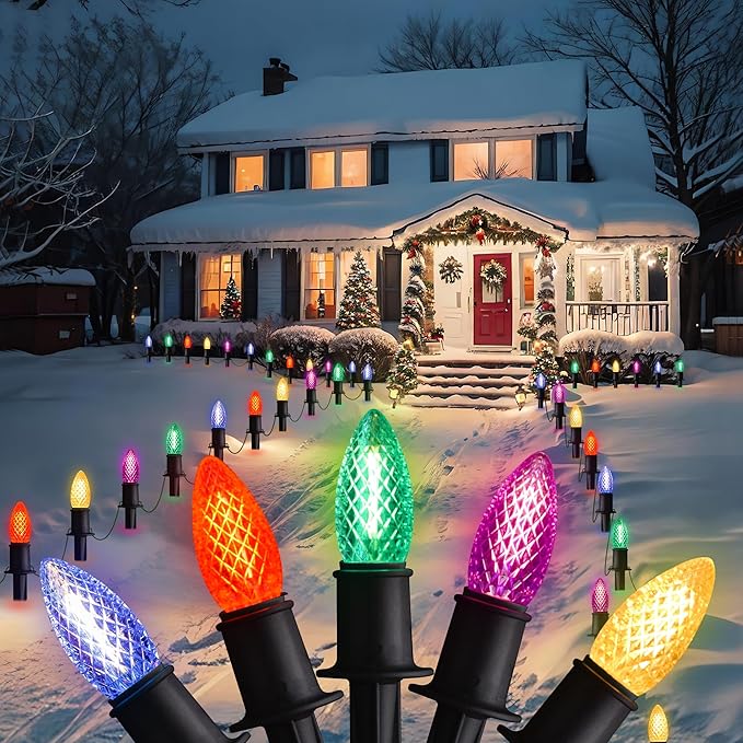 J-HVA ๐๐๐ฟ C9 Strawberry Christmas Pathway Lights - 29ft Christmas Multicolor String Lights Outdoor Waterproof Walkway Lights with 25 Marker Stakes for Xmas Tree Yard Garden Decoration (25 Lights)