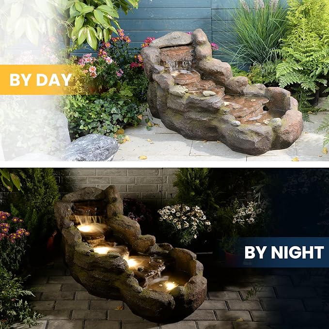 42 in Natural-Style Tier Garden Rock Water Fountain Outdoor, Floor-Standing Fountains That Feature Gentle Waterfall and LED Lights for Patio, Backyard, Deck, Porch, Home Décor