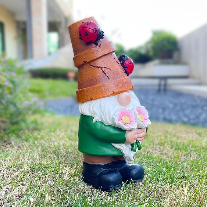 Garden Gnome Statues Outdoor Decor, Solar Gnomes with LED Lighted Flowers, Solar Resin Outdoor Statue Sculpture, for Woman Gift Home and Garden Decor