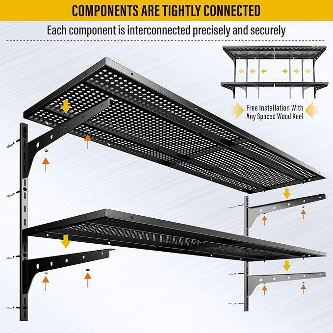 2-Pack 2 Tier 1.3x4ft Garage Shelving Wall Mounted, 800 lbs Load Capacity,15.6x48inch per Shelf Height Cassette Adjustable Floating Shelves(Black)